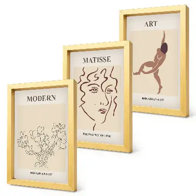 Tríptico com moldura gráficos com flores, rostos e figuras humanas