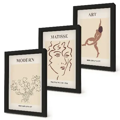 Tríptico com moldura gráficos com flores, rostos e figuras humanas