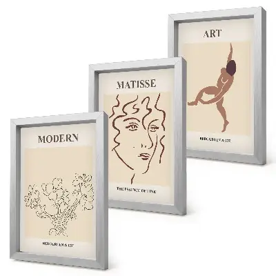 Tríptico com moldura gráficos com flores, rostos e figuras humanas