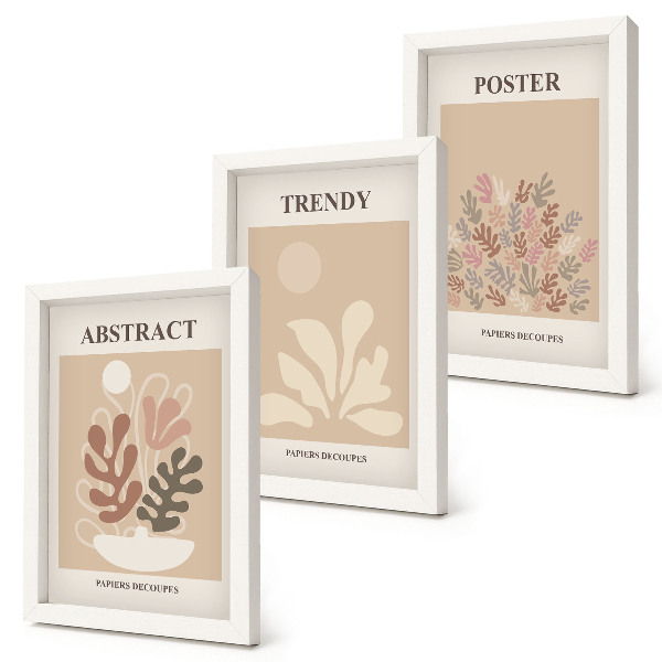 Conjunto de 3 quadros decorativos Pôsteres com motivos de plantas em tons de bege e marrom.