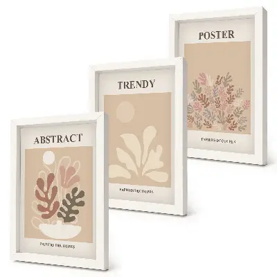 Conjunto de 3 quadros decorativos com motivos de plantas em tons de bege e marrom