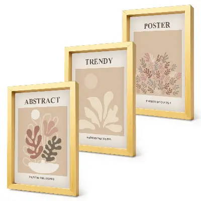 Conjunto de 3 quadros decorativos com motivos de plantas em tons de bege e marrom