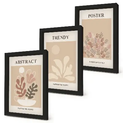 Conjunto de 3 quadros decorativos com motivos de plantas em tons de bege e marrom