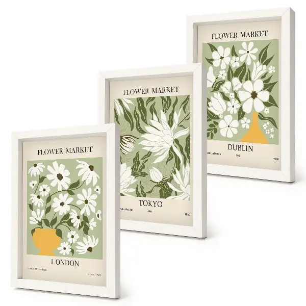 Conjunto de quadros com imagens pôsteres florais de Londres, Tóquio e Dublin