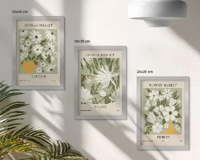 Conjunto de quadros com imagens pôsteres florais de Londres, Tóquio e Dublin
