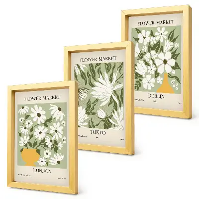 Conjunto de quadros com imagens pôsteres florais de Londres, Tóquio e Dublin