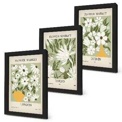 Conjunto de quadros com imagens pôsteres florais de Londres, Tóquio e Dublin