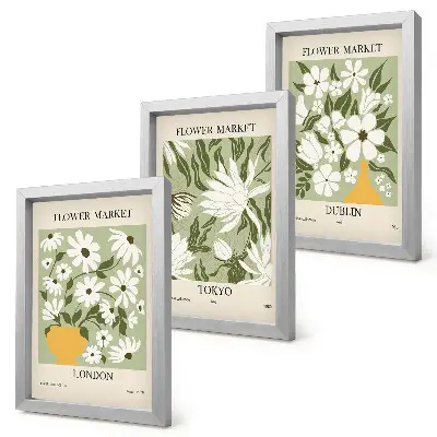 Conjunto de quadros com imagens pôsteres florais de Londres, Tóquio e Dublin