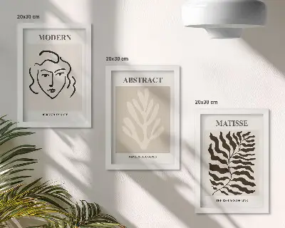 Conjunto de 3 quadros decorativos com ilustrações de rostos e folhas da arte gráfica de Henri Matisse