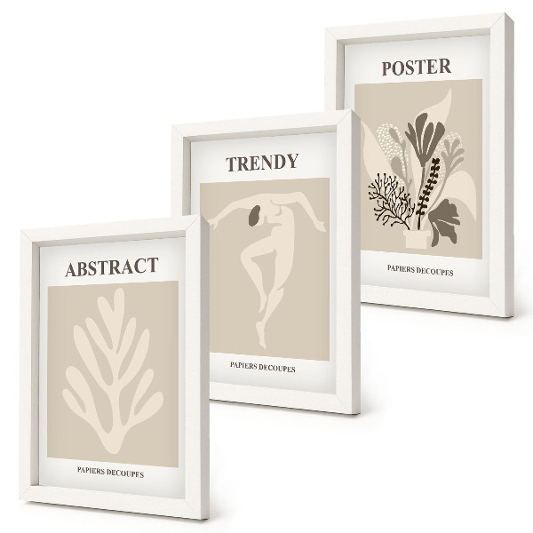 Conjunto de 3 quadros decorativos Padrões de plantas em tons de bege e marrom.