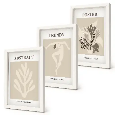 Conjunto de 3 quadros decorativos com padrões de plantas em tons de bege e marrom
