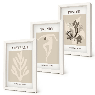 Conjunto de 3 quadros decorativos Padrões de plantas em tons de bege e marrom.