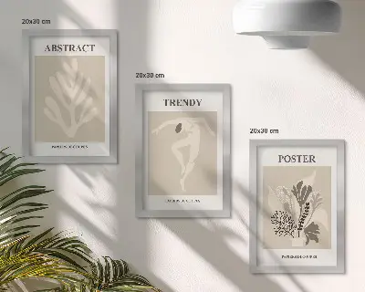 Conjunto de 3 quadros decorativos com padrões de plantas em tons de bege e marrom
