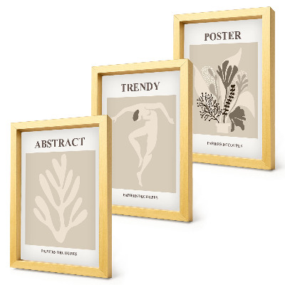 Conjunto de 3 quadros decorativos Padrões de plantas em tons de bege e marrom.