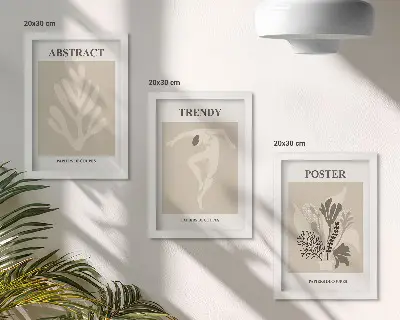 Conjunto de 3 quadros decorativos com padrões de plantas em tons de bege e marrom