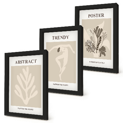 Conjunto de 3 quadros decorativos Padrões de plantas em tons de bege e marrom.