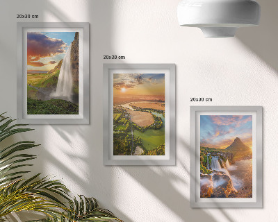 Tríptico com moldura Cachoeiras, paisagens montanhosas e rios ao pôr do sol
