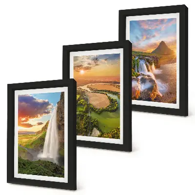 Tríptico com moldura paisagem de cachoeiras montanhas e rios ao pôr do sol