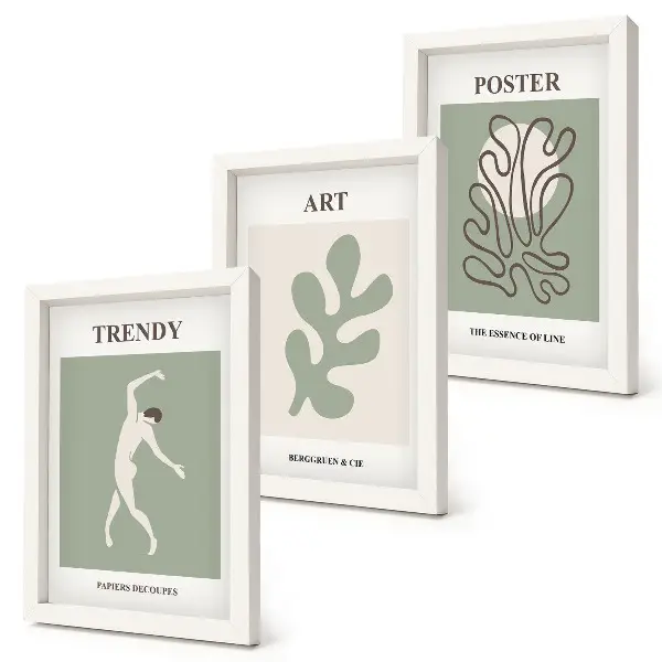 Conjunto de 3 quadros decorativos com figuras abstratas e motivos vegetais em cores suaves
