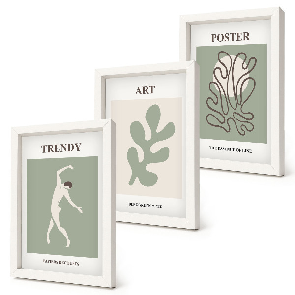 Conjunto de 3 quadros decorativos Figuras abstratas e motivos vegetais em cores suaves.