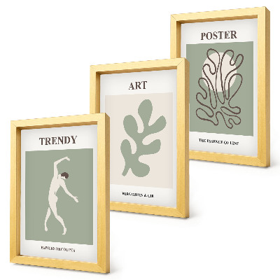 Conjunto de 3 quadros decorativos Figuras abstratas e motivos vegetais em cores suaves.