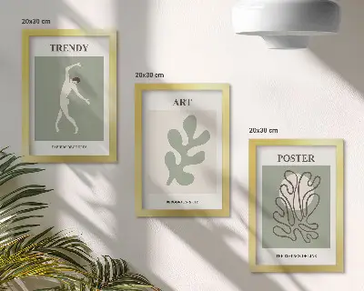 Conjunto de 3 quadros decorativos com figuras abstratas e motivos vegetais em cores suaves