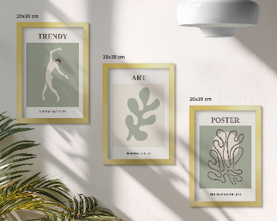 Conjunto de 3 quadros decorativos Figuras abstratas e motivos vegetais em cores suaves.