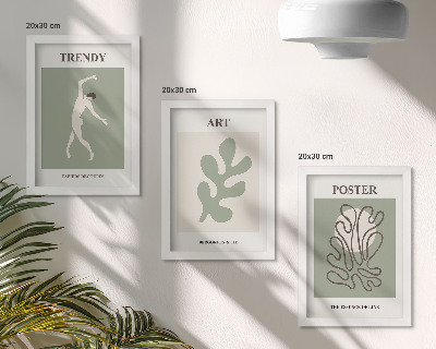Conjunto de 3 quadros decorativos Figuras abstratas e motivos vegetais em cores suaves.