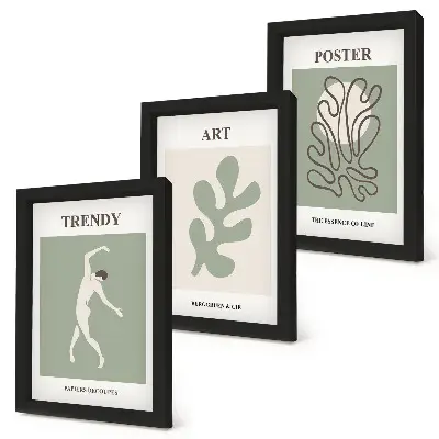 Conjunto de 3 quadros decorativos com figuras abstratas e motivos vegetais em cores suaves