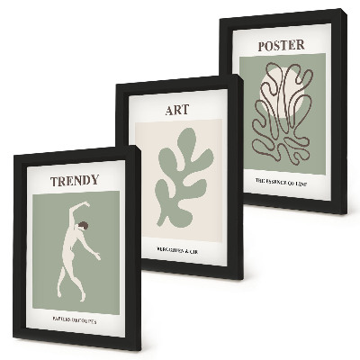 Conjunto de 3 quadros decorativos Figuras abstratas e motivos vegetais em cores suaves.