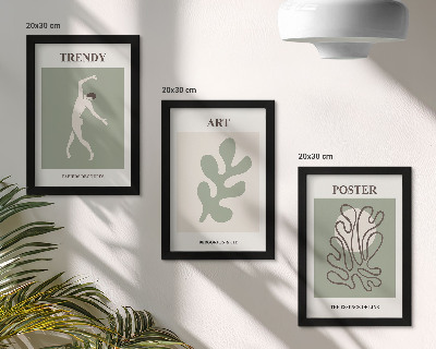 Conjunto de 3 quadros decorativos Figuras abstratas e motivos vegetais em cores suaves.