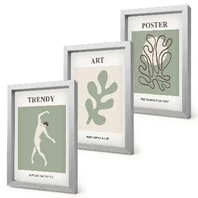 Conjunto de 3 quadros decorativos com figuras abstratas e motivos vegetais em cores suaves