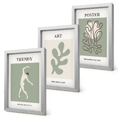 Conjunto de 3 quadros decorativos Figuras abstratas e motivos vegetais em cores suaves.