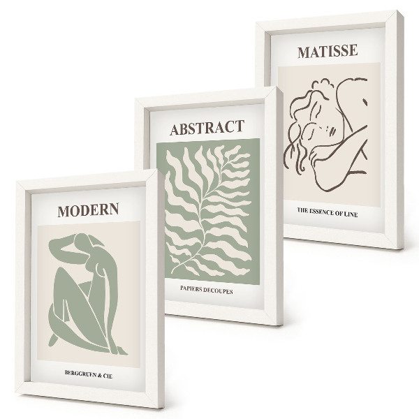Conjunto de molduras com imagens Pinturas elegantes em tons de verde com figuras e folhas.