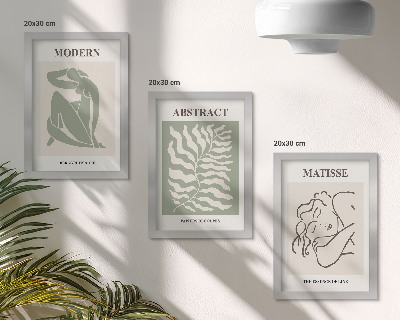 Conjunto de molduras com imagens Pinturas elegantes em tons de verde com figuras e folhas.