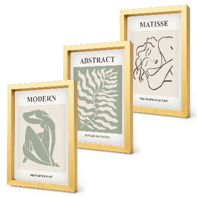 Conjunto de molduras com imagens Pinturas elegantes em tons de verde com figuras e folhas.
