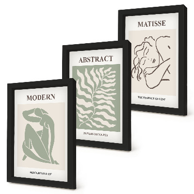 Conjunto de molduras com imagens Pinturas elegantes em tons de verde com figuras e folhas.