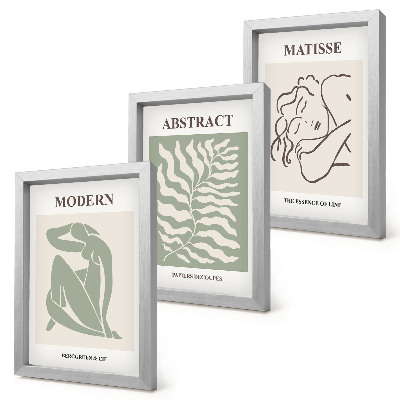 Conjunto de molduras com imagens Pinturas elegantes em tons de verde com figuras e folhas.