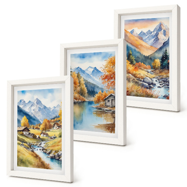 Conjunto de 3 quadros decorativos Montanhas pintadas de outono com um rio e chalés.