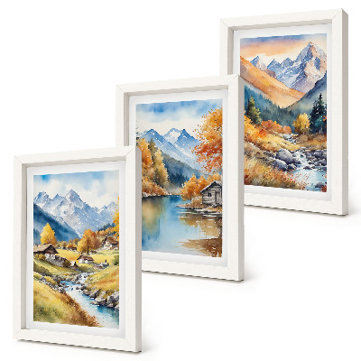Conjunto de 3 quadros decorativos Montanhas pintadas de outono com um rio e chalés.