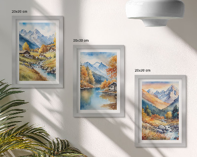 Conjunto de 3 quadros decorativos Montanhas pintadas de outono com um rio e chalés.