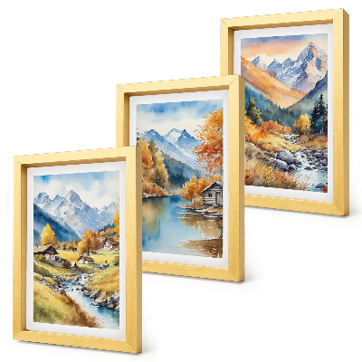 Conjunto de 3 quadros decorativos Montanhas pintadas de outono com um rio e chalés.