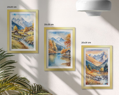 Conjunto de 3 quadros decorativos Montanhas pintadas de outono com um rio e chalés.