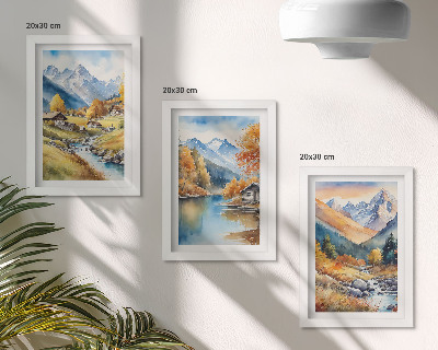 Conjunto de 3 quadros decorativos Montanhas pintadas de outono com um rio e chalés.