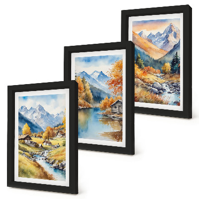 Conjunto de 3 quadros decorativos Montanhas pintadas de outono com um rio e chalés.