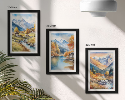Conjunto de 3 quadros decorativos Montanhas pintadas de outono com um rio e chalés.