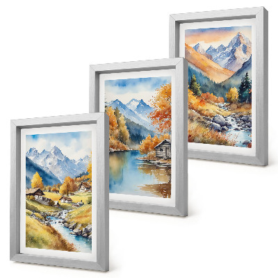 Conjunto de 3 quadros decorativos Montanhas pintadas de outono com um rio e chalés.