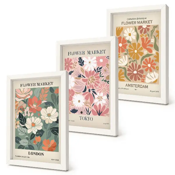 Conjunto de quadros decorativos com estampas florais das cidades de Londres, Tóquio e Amsterdã