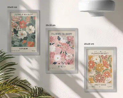 Conjunto de quadros decorativos com estampas florais das cidades de Londres, Tóquio e Amsterdã