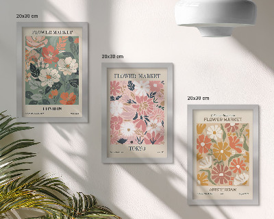 Conjunto de molduras com imagens Pôsteres com estampas florais de Londres, Tóquio e Amsterdã.